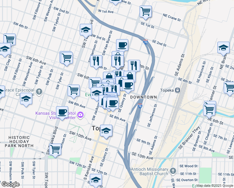 map of restaurants, bars, coffee shops, grocery stores, and more near 620 South Kansas Avenue in Topeka
