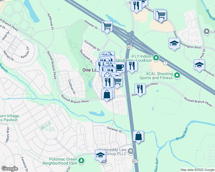 map of restaurants, bars, coffee shops, grocery stores, and more near 20427 Exchange Street in Ashburn