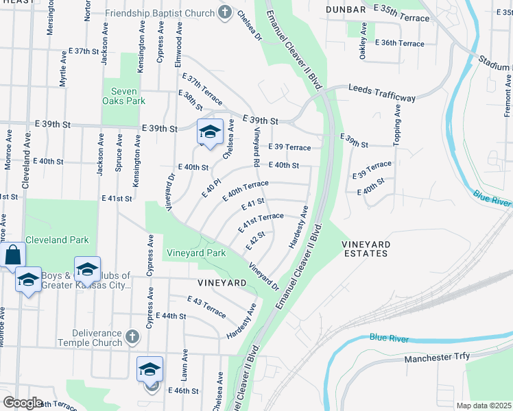 map of restaurants, bars, coffee shops, grocery stores, and more near 5011 East 41 Street in Kansas City