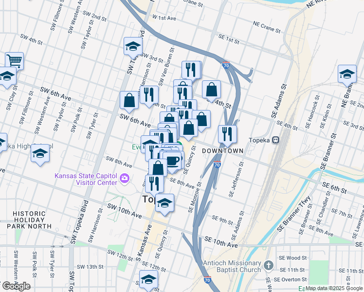 map of restaurants, bars, coffee shops, grocery stores, and more near 612 South Kansas Avenue in Topeka