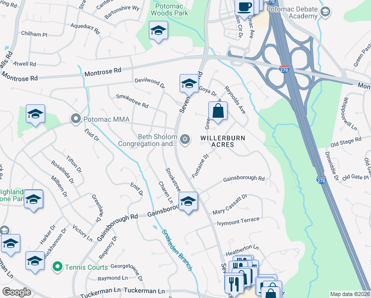map of restaurants, bars, coffee shops, grocery stores, and more near 11825 Seven Locks Road in Rockville