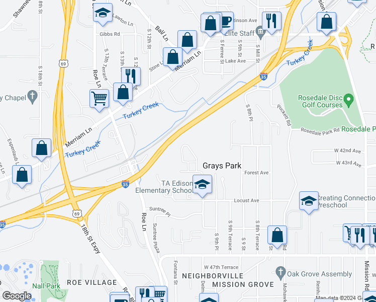 map of restaurants, bars, coffee shops, grocery stores, and more near 1052 Forest Court in Kansas City