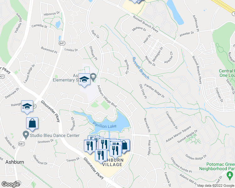 map of restaurants, bars, coffee shops, grocery stores, and more near 44166 Mossy Brook Square in Ashburn