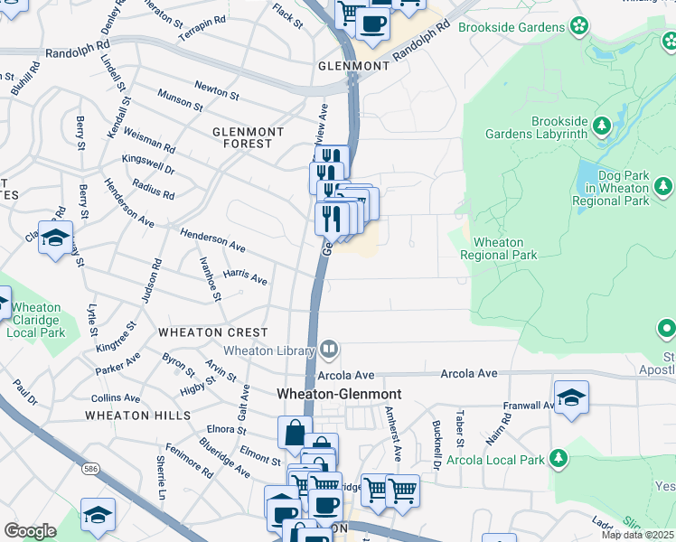 map of restaurants, bars, coffee shops, grocery stores, and more near 11901 Georgia Avenue in Silver Spring