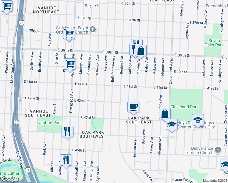 map of restaurants, bars, coffee shops, grocery stores, and more near 4115 Bellefontaine Avenue in Kansas City