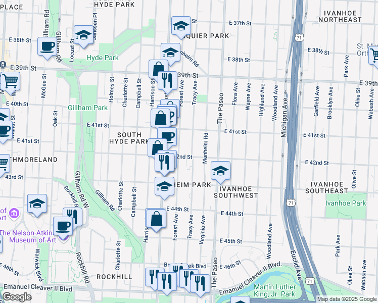 map of restaurants, bars, coffee shops, grocery stores, and more near 4136 Tracy Avenue in Kansas City