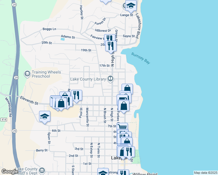 map of restaurants, bars, coffee shops, grocery stores, and more near 340 13th Street in Lakeport