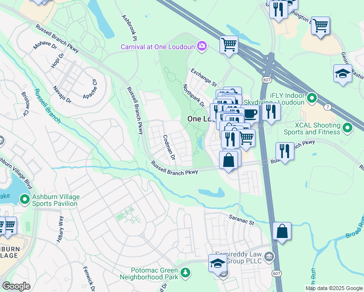 map of restaurants, bars, coffee shops, grocery stores, and more near 44569 Yarmouth Drive in Ashburn