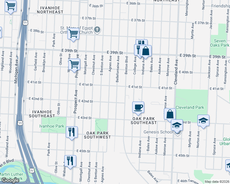 map of restaurants, bars, coffee shops, grocery stores, and more near 4115 Bellefontaine Avenue in Kansas City