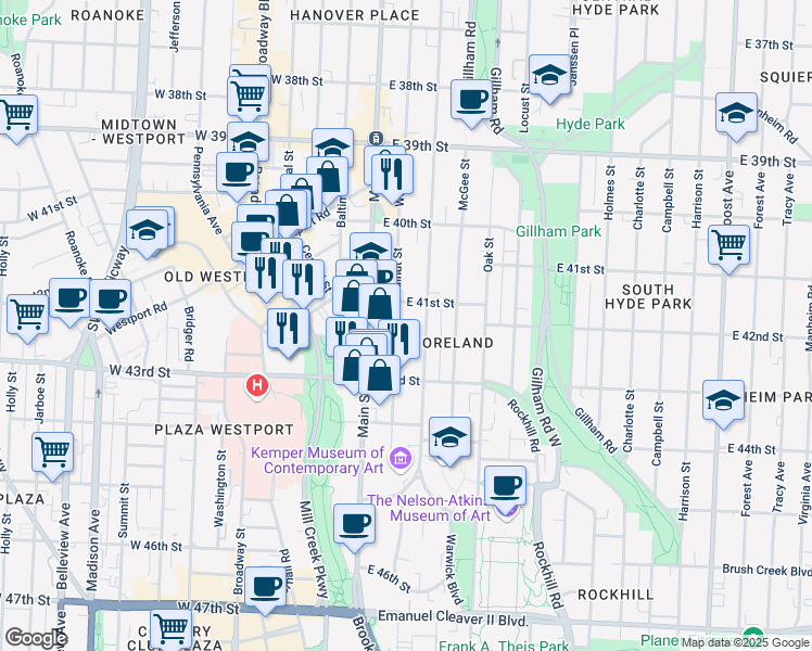 map of restaurants, bars, coffee shops, grocery stores, and more near 4114 Walnut Street in Kansas City