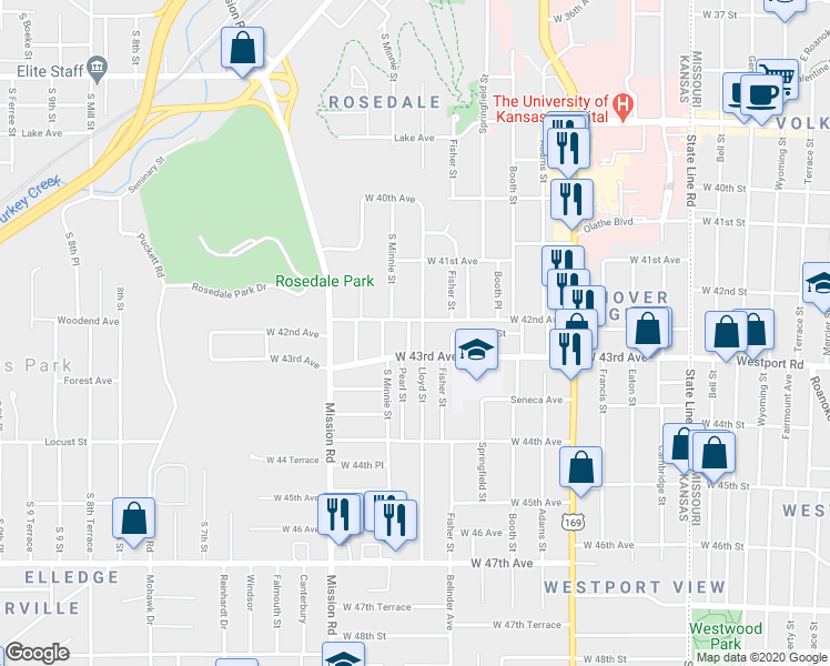 map of restaurants, bars, coffee shops, grocery stores, and more near 4210 Pearl Street in Kansas City