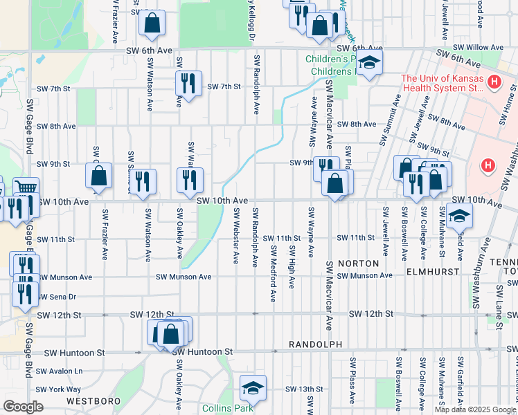 map of restaurants, bars, coffee shops, grocery stores, and more near 1002 Southwest Randolph Avenue in Topeka