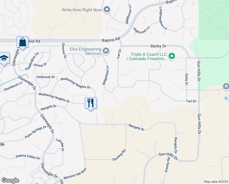map of restaurants, bars, coffee shops, grocery stores, and more near 865 Glengate Lane in Colorado Springs