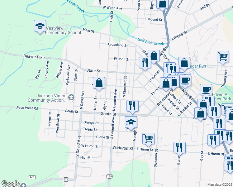 map of restaurants, bars, coffee shops, grocery stores, and more near 76 North Bennett Avenue in Jackson