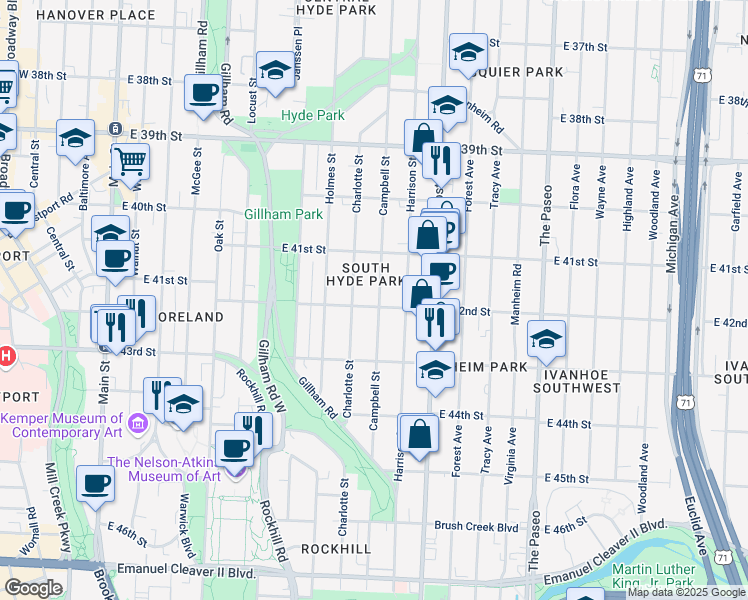 map of restaurants, bars, coffee shops, grocery stores, and more near 4144 Campbell Street in Kansas City