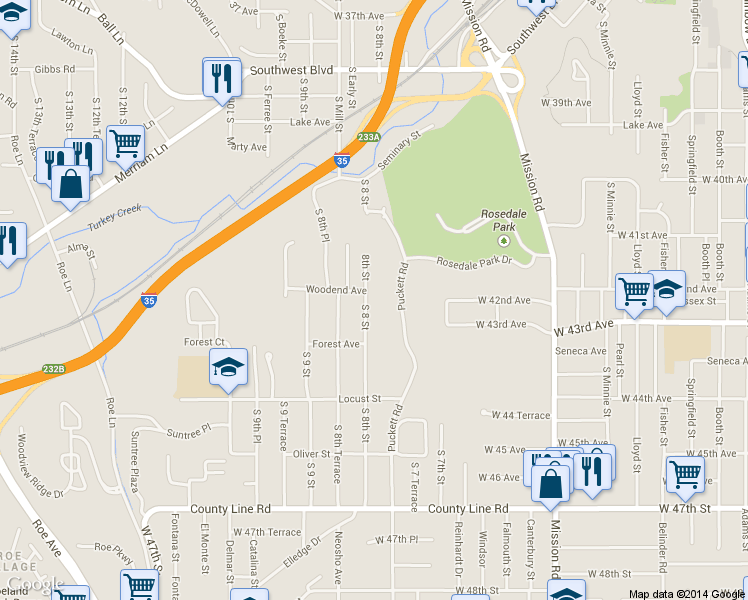 map of restaurants, bars, coffee shops, grocery stores, and more near 2809 S 8th St in Kansas City
