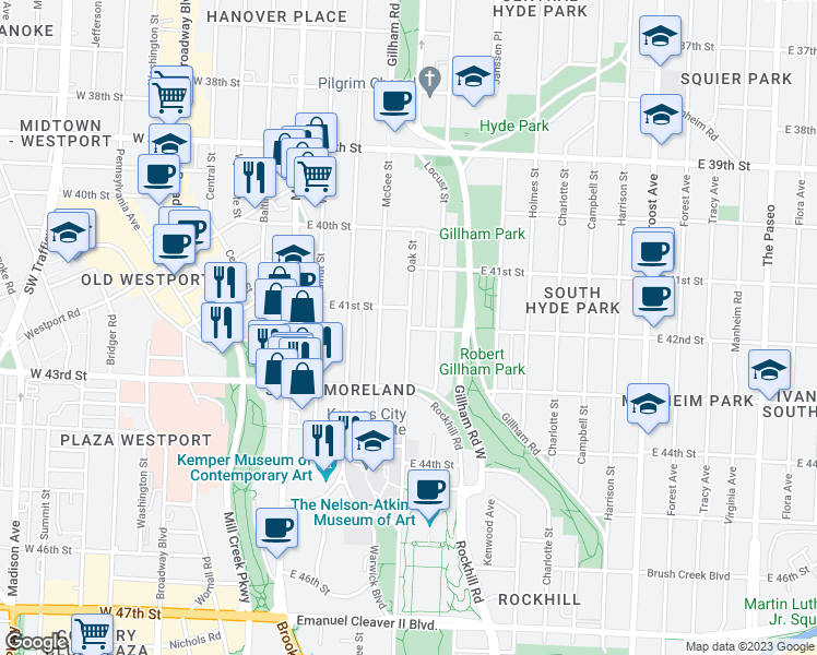 map of restaurants, bars, coffee shops, grocery stores, and more near Oak St & E 42nd St in Kansas City