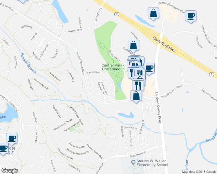 map of restaurants, bars, coffee shops, grocery stores, and more near 44569 Yarmouth Drive in Ashburn