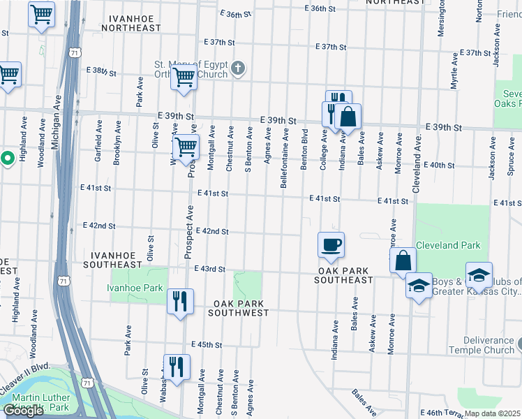 map of restaurants, bars, coffee shops, grocery stores, and more near 4118 Agnes Avenue in Kansas City