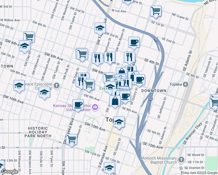 map of restaurants, bars, coffee shops, grocery stores, and more near 212 Southwest 7th Street in Topeka