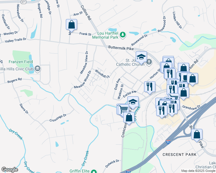map of restaurants, bars, coffee shops, grocery stores, and more near 2536 Enid Street in Crescent Springs