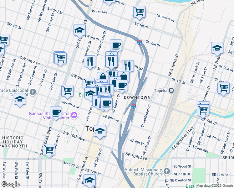 map of restaurants, bars, coffee shops, grocery stores, and more near 620 South Kansas Avenue in Topeka