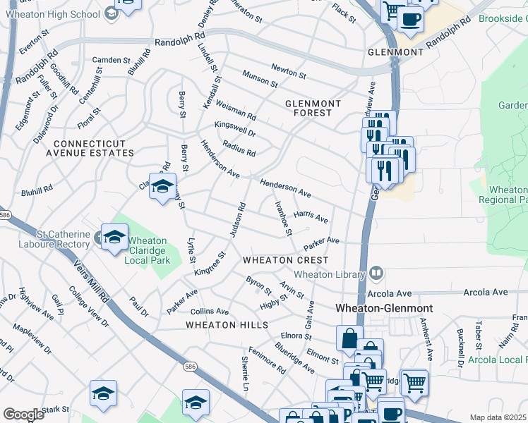 map of restaurants, bars, coffee shops, grocery stores, and more near 11901 Ivahar Street in Silver Spring
