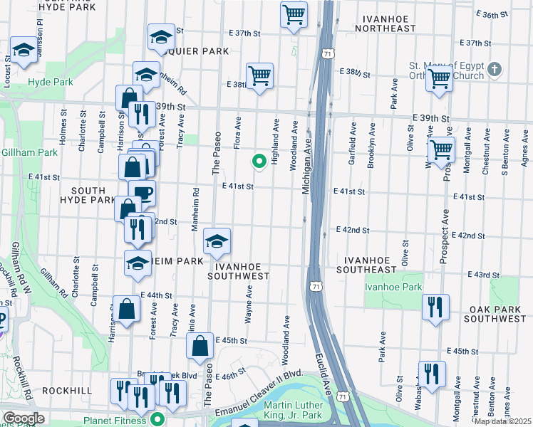 map of restaurants, bars, coffee shops, grocery stores, and more near 4132 Highland Avenue in Kansas City