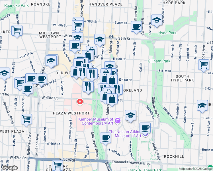map of restaurants, bars, coffee shops, grocery stores, and more near 4116 Main Street in Kansas City