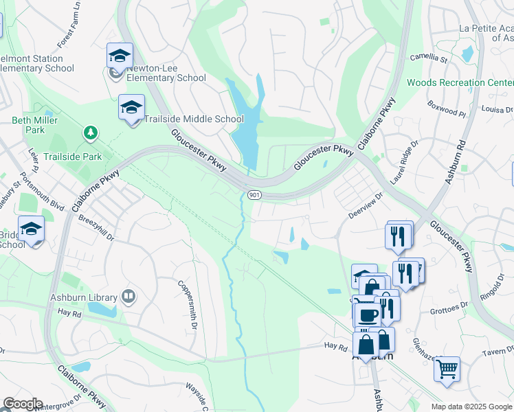 map of restaurants, bars, coffee shops, grocery stores, and more near 20437 Scioto Terrace in Ashburn