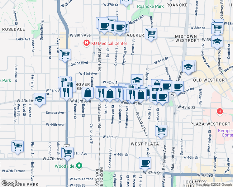map of restaurants, bars, coffee shops, grocery stores, and more near 4231 Genessee Street in Kansas City