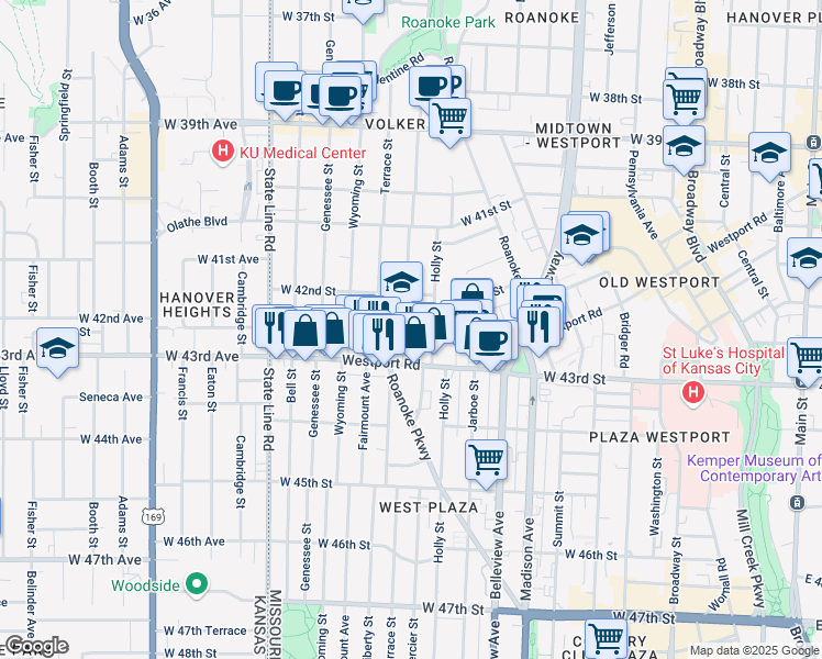 map of restaurants, bars, coffee shops, grocery stores, and more near 4229 Mercier Street in Kansas City
