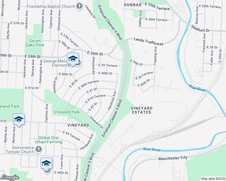 map of restaurants, bars, coffee shops, grocery stores, and more near 5219 East 41 Street in Kansas City