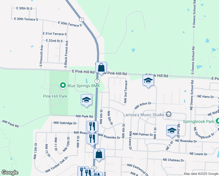 map of restaurants, bars, coffee shops, grocery stores, and more near 2812 Northwest Chateau Drive in Blue Springs