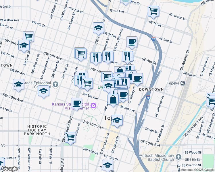 map of restaurants, bars, coffee shops, grocery stores, and more near 212 Southwest 7th Street in Topeka