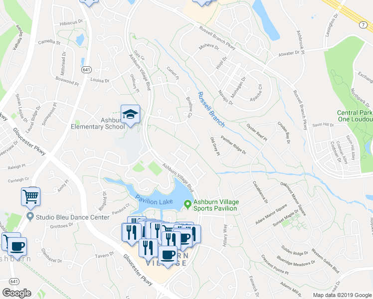 map of restaurants, bars, coffee shops, grocery stores, and more near 44214 Mossy Brook Square in Ashburn