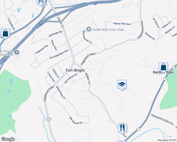 map of restaurants, bars, coffee shops, grocery stores, and more near 515 Fincastle Lane in Fort Wright