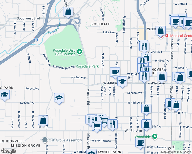 map of restaurants, bars, coffee shops, grocery stores, and more near 4207 South Thompson Street in Kansas City