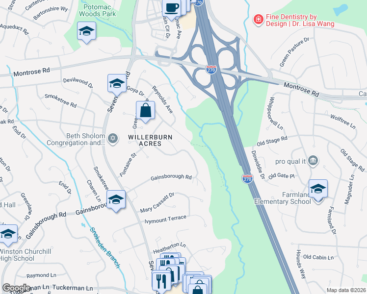 map of restaurants, bars, coffee shops, grocery stores, and more near 11833 Gainsborough Road in Rockville