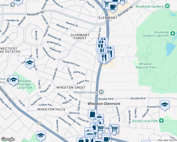 map of restaurants, bars, coffee shops, grocery stores, and more near 2604 Henderson Avenue in Silver Spring