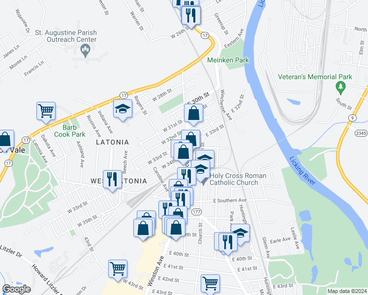 map of restaurants, bars, coffee shops, grocery stores, and more near 3301 Decoursey Avenue in Covington