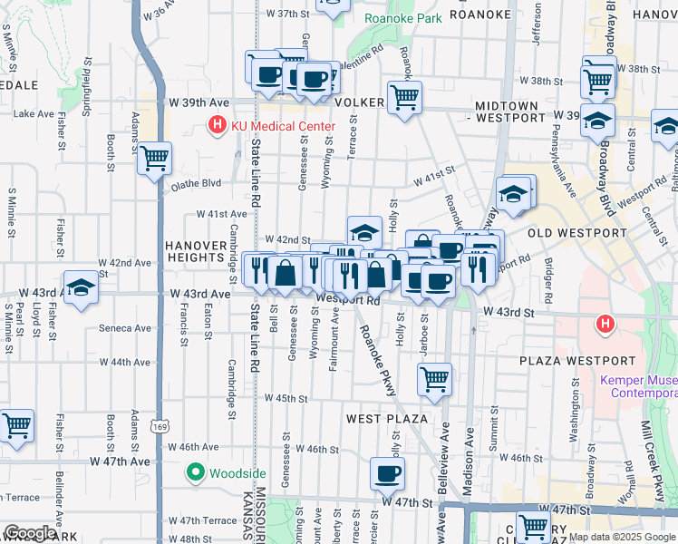 map of restaurants, bars, coffee shops, grocery stores, and more near 4230 Terrace Street in Kansas City