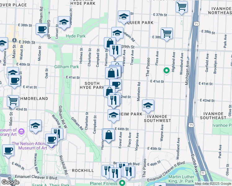 map of restaurants, bars, coffee shops, grocery stores, and more near 4139 Troost Avenue in Kansas City