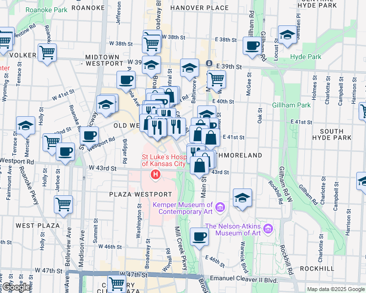 map of restaurants, bars, coffee shops, grocery stores, and more near 4177 Broadway Boulevard in Kansas City