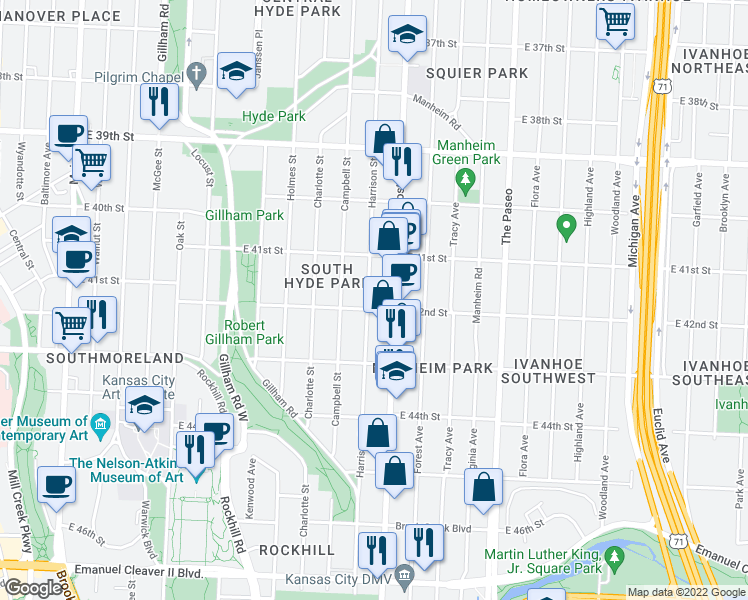 map of restaurants, bars, coffee shops, grocery stores, and more near 4149 Harrison Street in Kansas City
