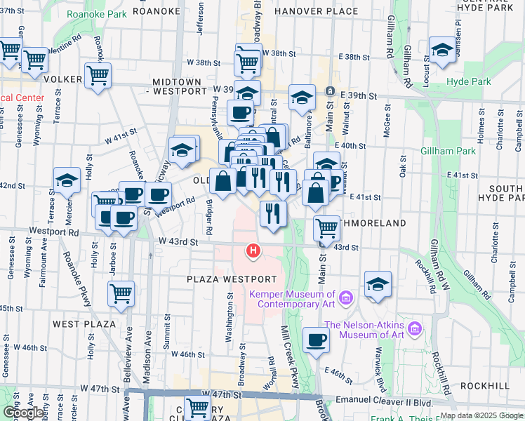 map of restaurants, bars, coffee shops, grocery stores, and more near 4180 Pennsylvania Avenue in Kansas City