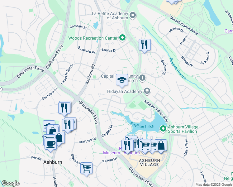 map of restaurants, bars, coffee shops, grocery stores, and more near 44018 Aberdeen Terrace in Ashburn