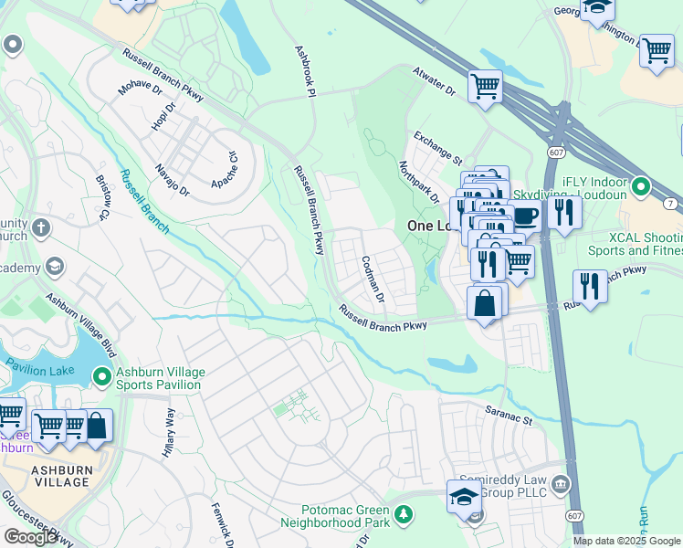 map of restaurants, bars, coffee shops, grocery stores, and more near 20422 Roslindale Drive in Ashburn