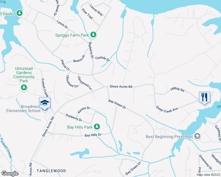 map of restaurants, bars, coffee shops, grocery stores, and more near 641 Shore Acres Road in Arnold