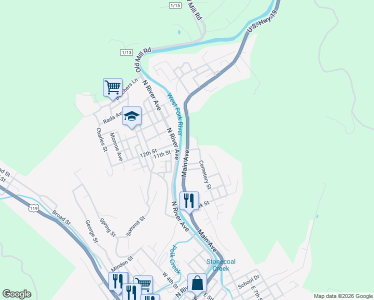 map of restaurants, bars, coffee shops, grocery stores, and more near N Main St in Weston